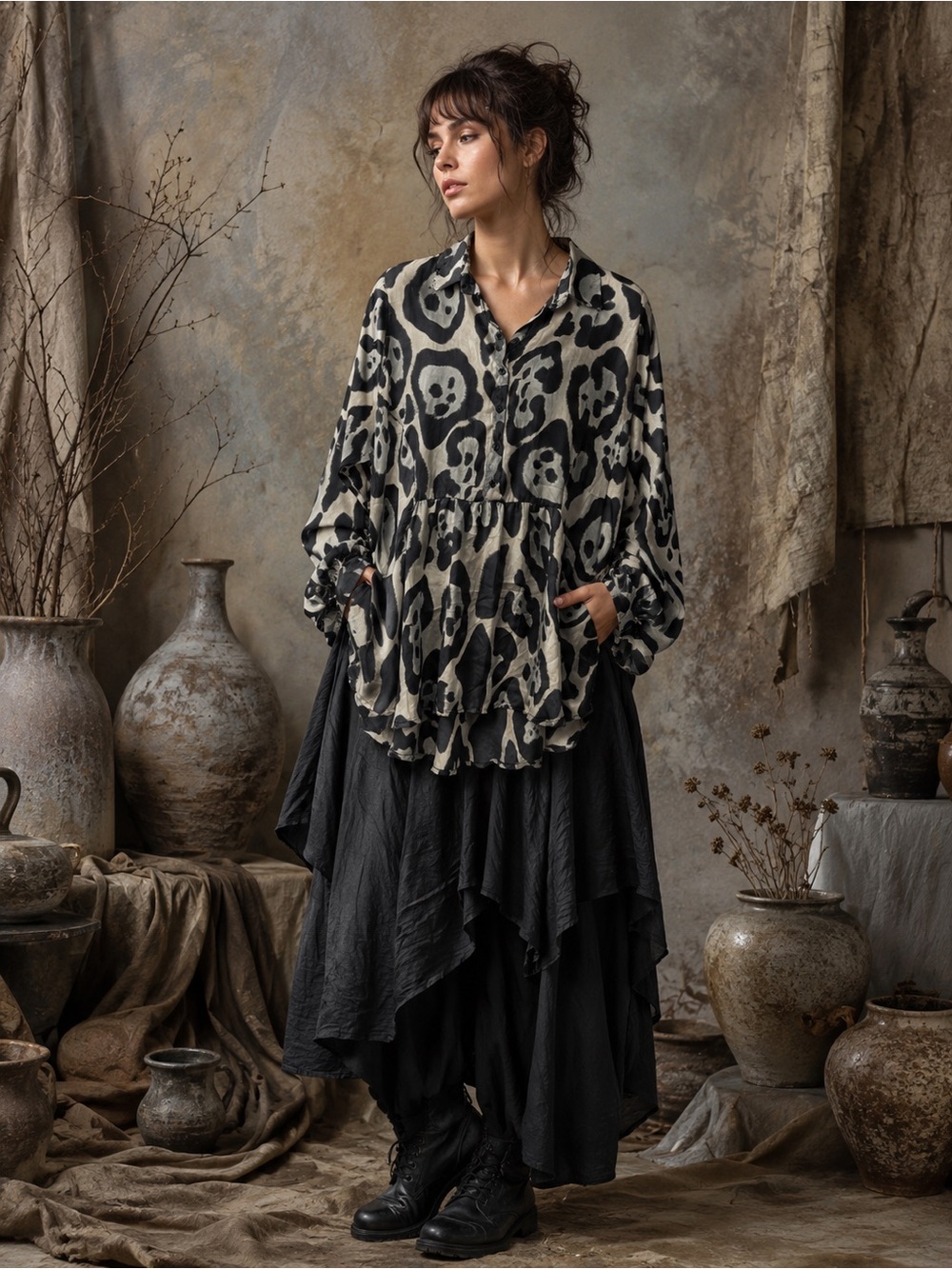 Alembika Long Sleeve Oversized Blouse Top Animal Print Black Beige 3 10/12